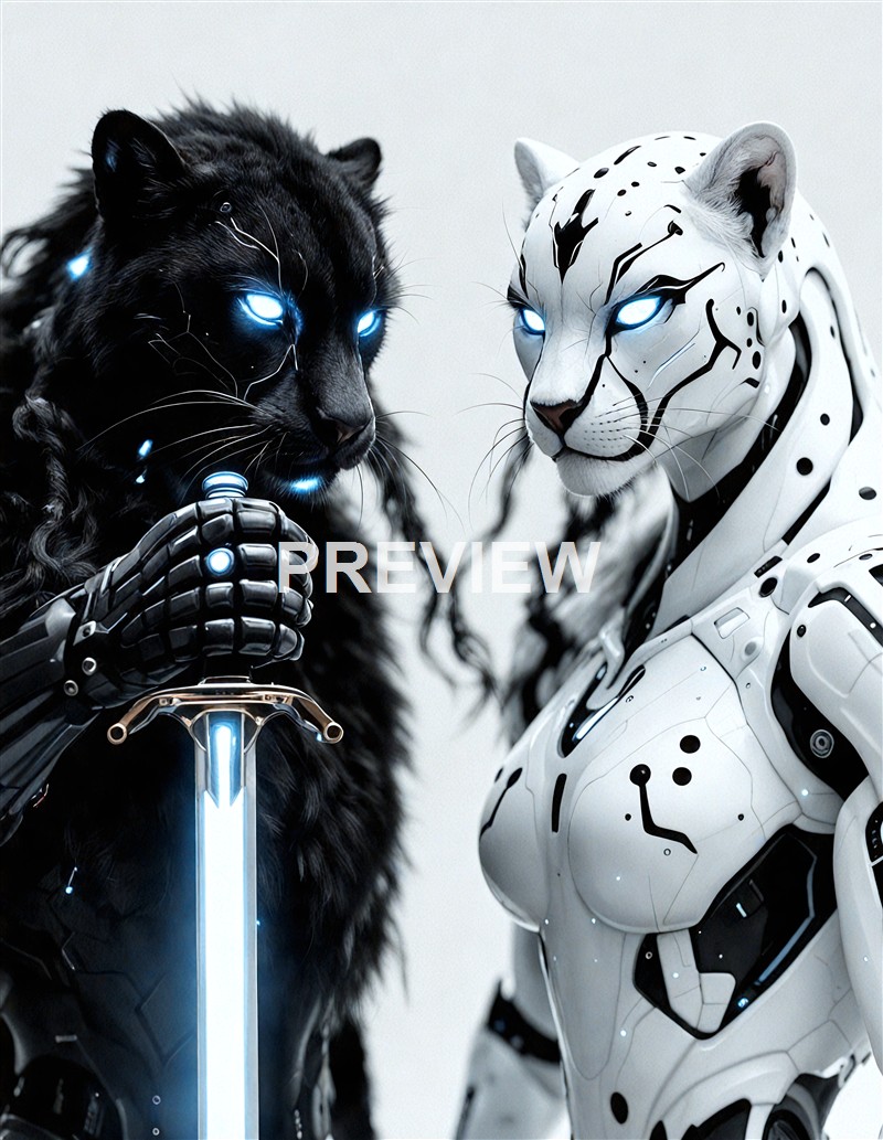 A black panther and a white humanoid robotic feline with glowing blue eyes are depicted close together, with the panther holding a glowing sword and both displaying a futuristic, cybernetic appearance.